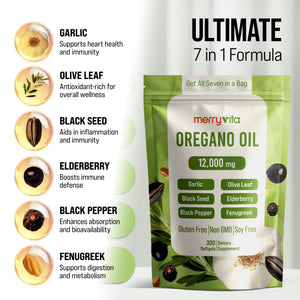 MERRY VITA Oil of Oregano with Black Seed Oilβ Oregano Oil Capsules Organic, High Carvacrol β Aceite de OrΓ©gano CΓ‘psulas, Immune Support Supplement β Non-GMO - 300 Softgels MERRY VITAΒ buy supplements Au
