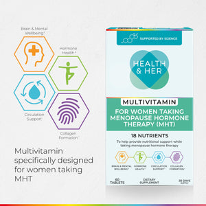 Health & Her Multivitamin for Women Taking Menopause Hormone Therapy (MHT/HRT) - Supplements for Women - Nutrition and Wellbeing Support - 1 Month Supply, 60 Tablets - Vegan & Gluten Free Health and Her buy supplements Au