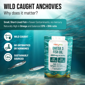 Omega 3 Fish Oil 4800 mg โ EPA 1728 mg | DHA 1152 mg from Wild-Caught Anchovies โ Burpless Mini Softgels โ Pure Omega-3 Fatty Acid Supplement โ Non-GMO, Gluten-Free, No Aftertaste โ 240 Capsules MERRY VITABuy Supplements Australia