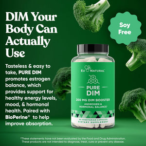 DIM Supplement Pure 200 Mg for Women or Men - Estrogen Hormone Balance Supplement for Energy, Fatigue, Stress, Menopause, Hot Flashes - Enhanced Bioavailability BioPerine - 60 Vegan Soft Capsules Eu Natural buy supplements Au