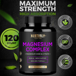 Magnesium Citrate & Oxide 500mg Complex Supplement - High Absorption Maximum Strength - Helps Support Bone Density and Strength, Muscles, Energy and Sleep - 120 Vegan Capsules NURTURLY buy supplements Au