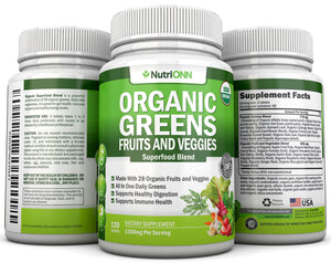 Organic Super Greens Capsules - Fruit And Vegetable Supplements - 120 Count - 28 USDA Organic & Vegan Premium Ingredients - Superfood Blend For Immune Health, Digestion & Energy - Whole Food Vitamins NutriONNBuy Supplements Australia