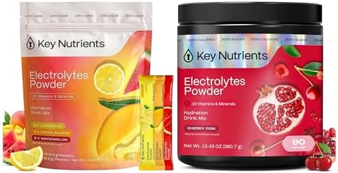 KEY NUTRIENTS Electrolytes Powder Bundle, Cherry Pom 90 Servings + Electrolyte Powder Packets Variety Pack 10 Count, Sugar Free Hydration Drink Mix with Vitamins & Minerals, No Calories