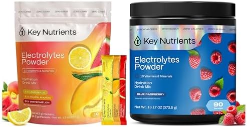 KEY NUTRIENTS Electrolytes Powder Bundle, Blue Raspberry 90 Servings + Electrolyte Powder Packets Variety Pack 10 Count, Sugar Free Hydration Drink Mix with Vitamins & Minerals, No Calories