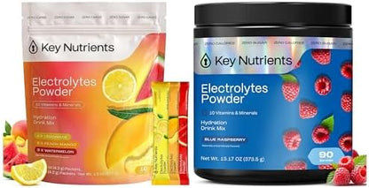 KEY NUTRIENTS Electrolytes Powder Bundle, Blue Raspberry 90 Servings + Electrolyte Powder Packets Variety Pack 10 Count, Sugar Free Hydration Drink Mix with Vitamins & Minerals, No Calories