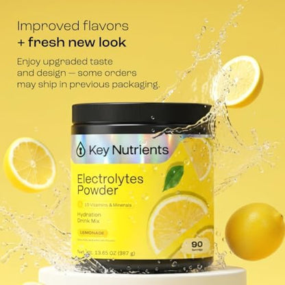 KEY NUTRIENTS Electrolytes Powder Bundle, Lemonade 90 Servings + Electrolyte Powder Packets Variety Pack 10 Count, Sugar Free Hydration Drink Mix with Vitamins & Minerals, No Calories