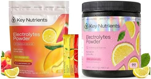 KEY NUTRIENTS Electrolytes Powder Bundle, Pink Lemonade 90 Servings + Electrolyte Powder Packets Variety Pack 10 Count, Sugar Free Hydration Drink Mix with Vitamins & Minerals, No Calories