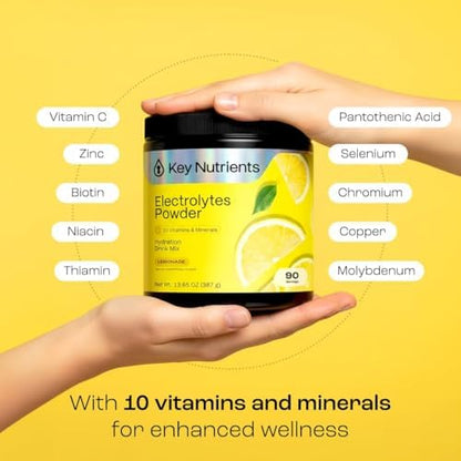 KEY NUTRIENTS Electrolytes Powder Bundle, Lemonade 90 Servings + Electrolyte Powder Packets Variety Pack 10 Count, Sugar Free Hydration Drink Mix with Vitamins & Minerals, No Calories