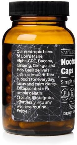 Santa Cruz Paleo Nootropic Capsules – Lions Mane, Alpha GPC, Panax Ginseng & Ginkgo Biloba for Focus, Memory, Mental Clarity & Energy – Keto, Paleo, Gluten Free Brain Supplement, 60 Caps