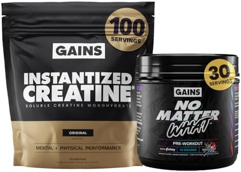 Gains in Bulk Instantized Creatine & No Matter What Pre Workout Powder Bundle, Soluble Creatine Powder, Paraxanthine, Amino Acids & L Theanine, 130 Servings
