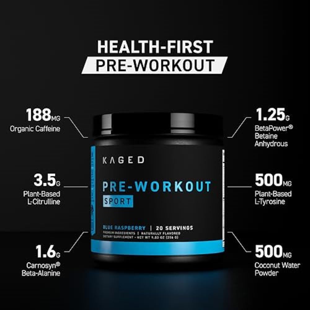Kaged Pre Sport Pre Workout Powder Glacier Grape Creatine Monohydrate Micronized Powder Bundle, Energy & Muscle Recovery Supplement Pack, 20 Servings Pre-Workout + 100 Servings Creatin