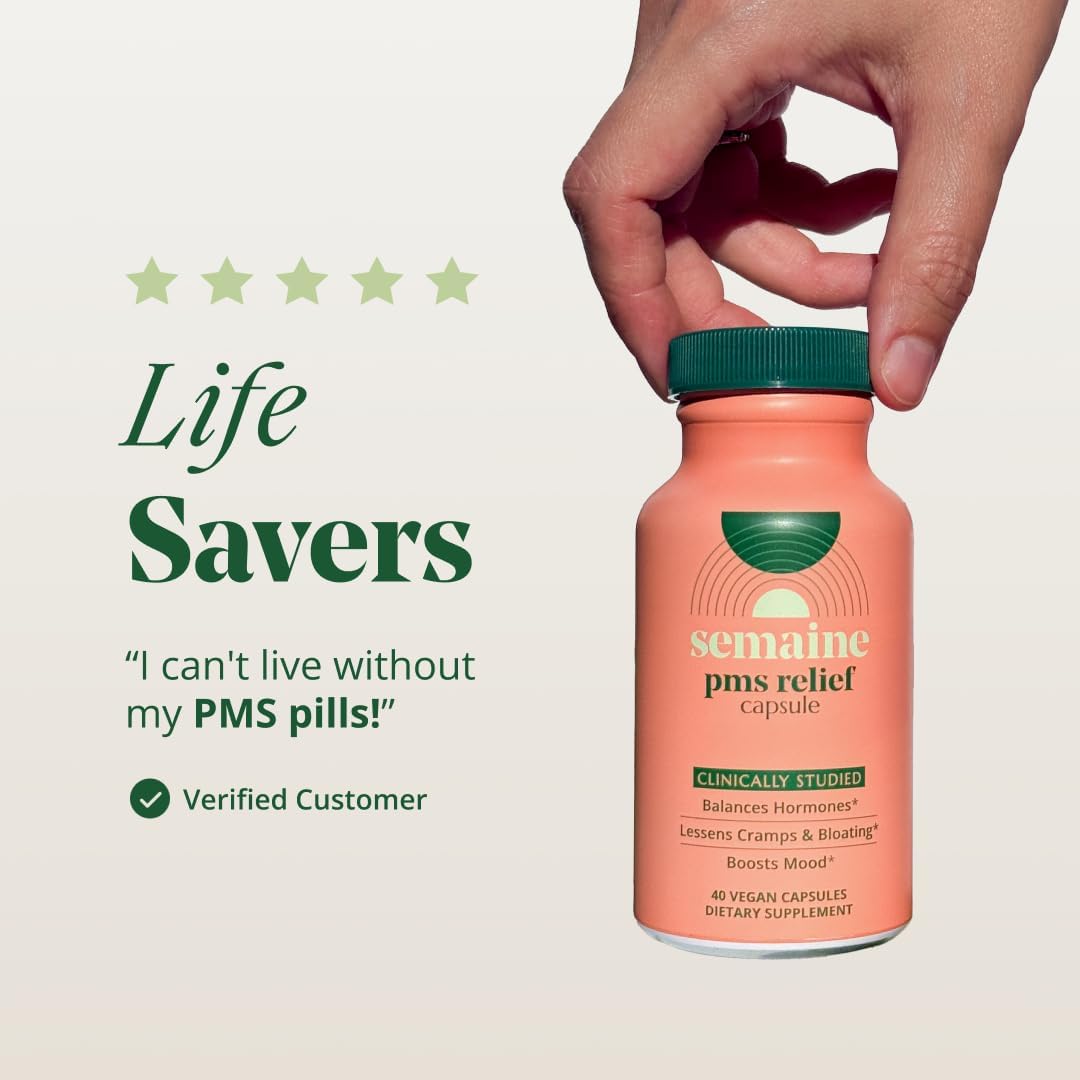 Semaine PMS Relief for Women, Period Cramp Relief, Period Cramps, Menstrual Cramps, PMS Support Supplement for Women, Bloating and Mood, Boswellia and Curcumin, 40 Capsules