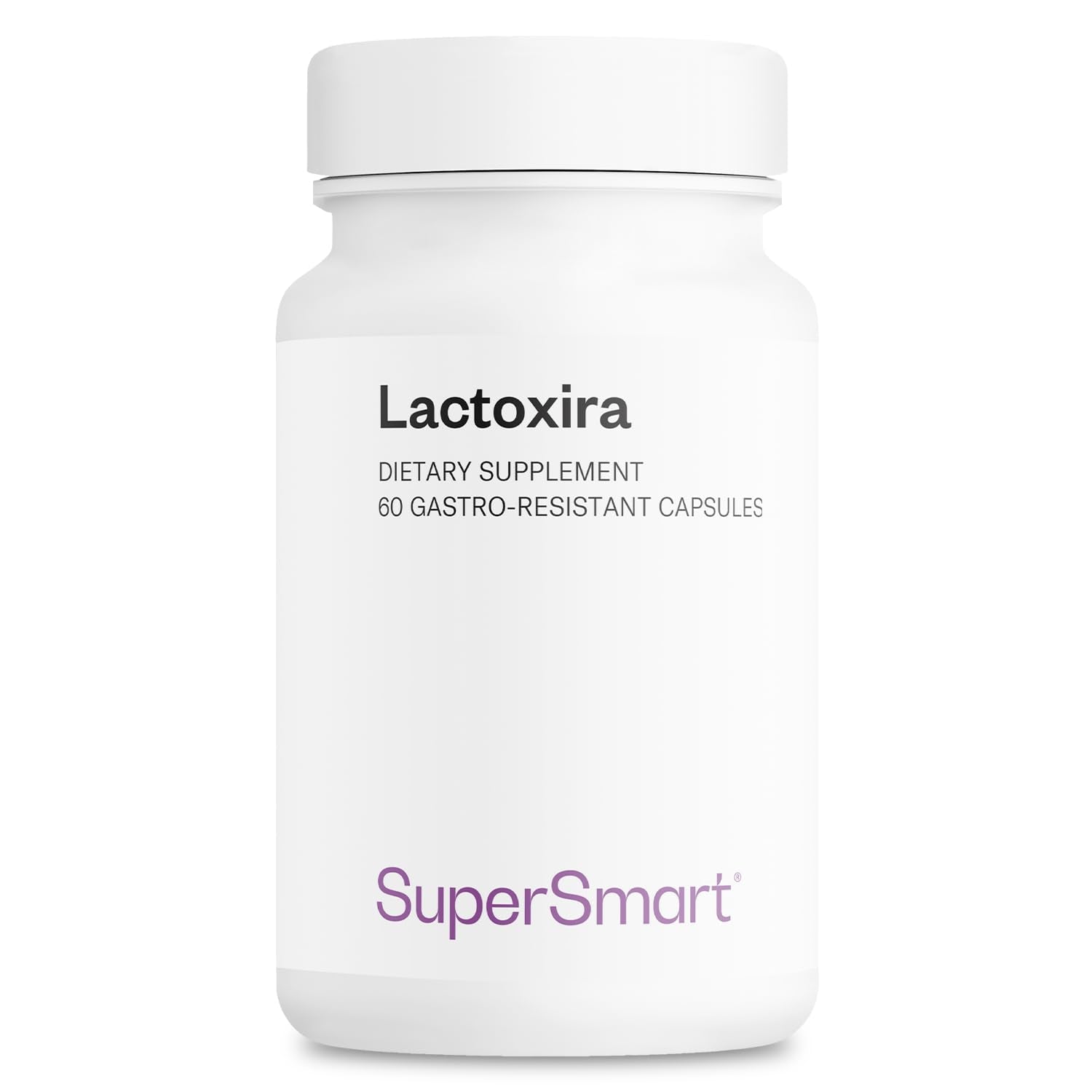 White supplement bottle labeled 'Lactoxira' by SuperSmart on a white background