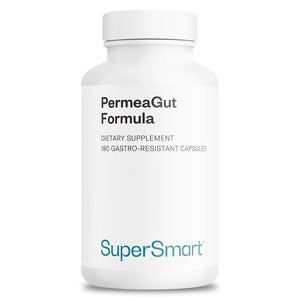 Supplement bottle labeled 'PermeaGut Formula' by SuperSmart on a white background