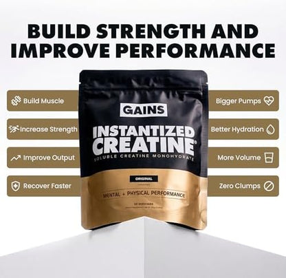 Gains in Bulk Instantized Creatine & No Matter What Pre Workout Powder Bundle, Soluble Creatine Powder, Paraxanthine, Amino Acids & L Theanine, 60 Servings