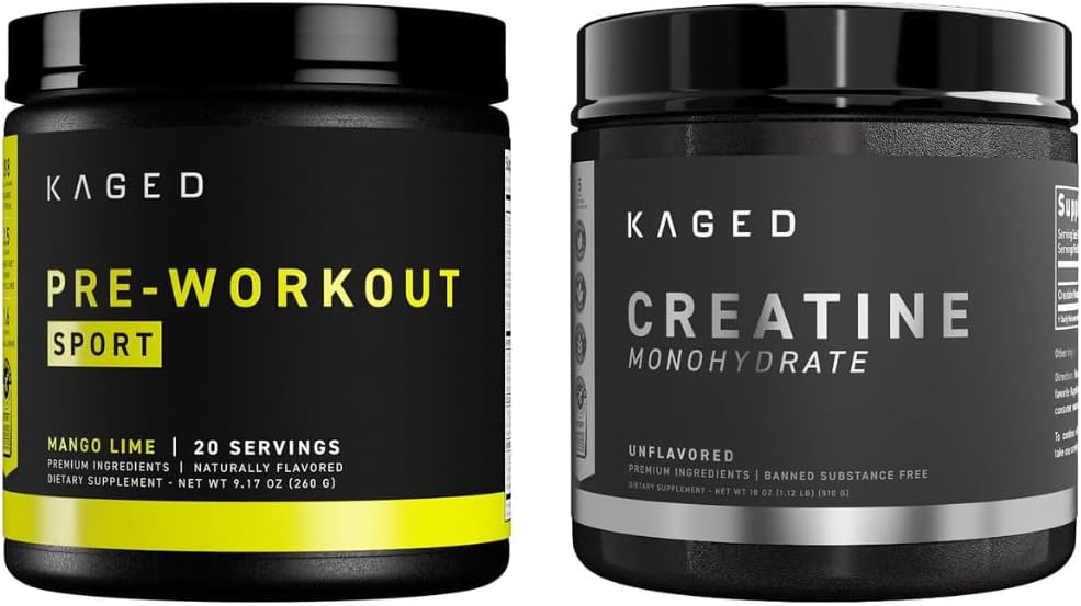 Kaged Pre Sport Pre Workout Powder Mango Lime Creatine Monohydrate Micronized Powder Bundle, Energy & Muscle Recovery Supplement Pack, 20 Servings Pre-Workout + 100 Servings Creatine