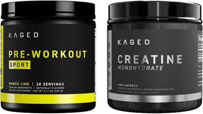 Kaged Pre Sport Pre Workout Powder Mango Lime Creatine Monohydrate Micronized Powder Bundle, Energy & Muscle Recovery Supplement Pack, 20 Servings Pre-Workout + 100 Servings Creatine