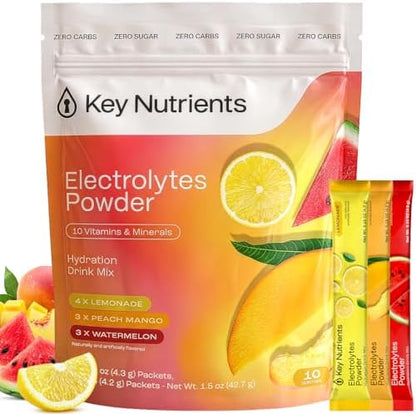 KEY NUTRIENTS Electrolytes Powder Bundle, Blue Raspberry 90 Servings + Electrolyte Powder Packets Variety Pack 10 Count, Sugar Free Hydration Drink Mix with Vitamins & Minerals, No Calories
