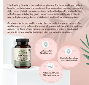 TERRA ORIGIN Healthy Hair, Skin and Nails Supplement | Collagen, Biotin, Horsetail & B-Complex | Supports Hair Strength, Skin Elasticity & Nail Growth | Vitamins for Women and Men | 60 Capsules TERRA ORIGINBuy Supplements Australia