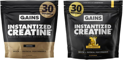Gains in Bulk Instantized Creatine Monohydrate for Women and Men, Soluble Pre Workout Powder, Supports Muscle Building, Strength and Performance, Unflavored and Sweet Lemonade, 60 Servings