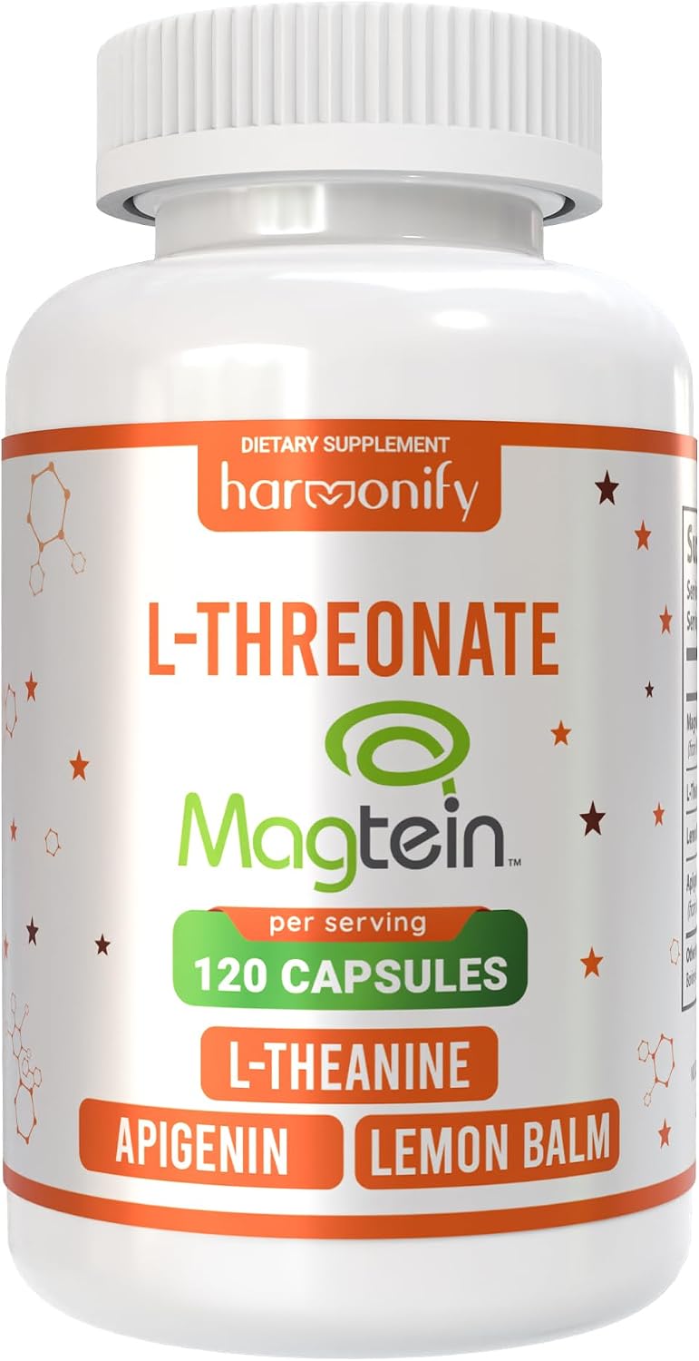 Magtein Magnesium L Threonate Supplement with L Theanine, Lemon Balm and Apigenin, High Absorption 120 Purified Veggie Capsules, 1400 mg, Gluten Free, Non-GMO, Vegetarian