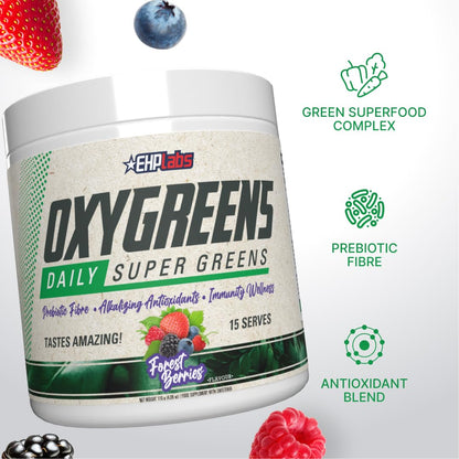 EHP Labs OxyGreens Super Greens Powder with Spirulina & Chlorella, Prebiotic Fiber, Probiotics & Digestive Enzymes – Antioxidant Green Superfood Supplement - 15 Serves (Pineapple)