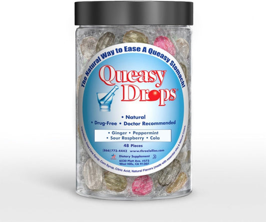 Three Lollies Queasy Drops- Supports Motion Sickness Relief. Also Pregnancy & Morning Sickness Relief. Stomach Settle Drops Assorted 48 Count