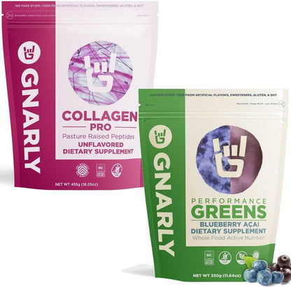 Gnarly Nutrition Collagen Pro, Unflavored (15.87oz) and Gnarly Performance Greens Blueberry Açai, (11.64 oz)