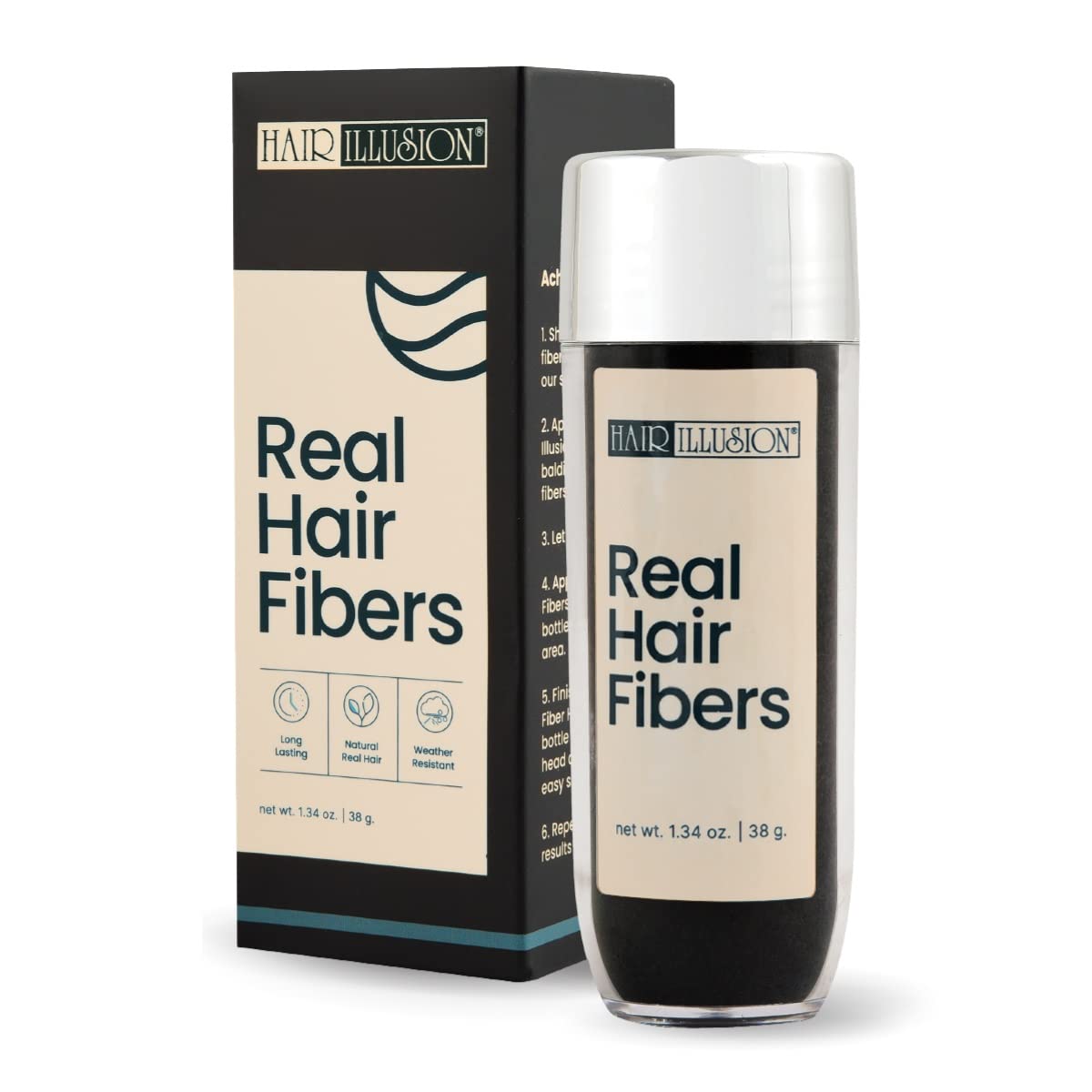 Hair Illusion 100% Natural Human Hair Fibers Not Synthetic for Men and Women, Premium Hair Building Formulation, Large, 38 g Bottle, Jet Black