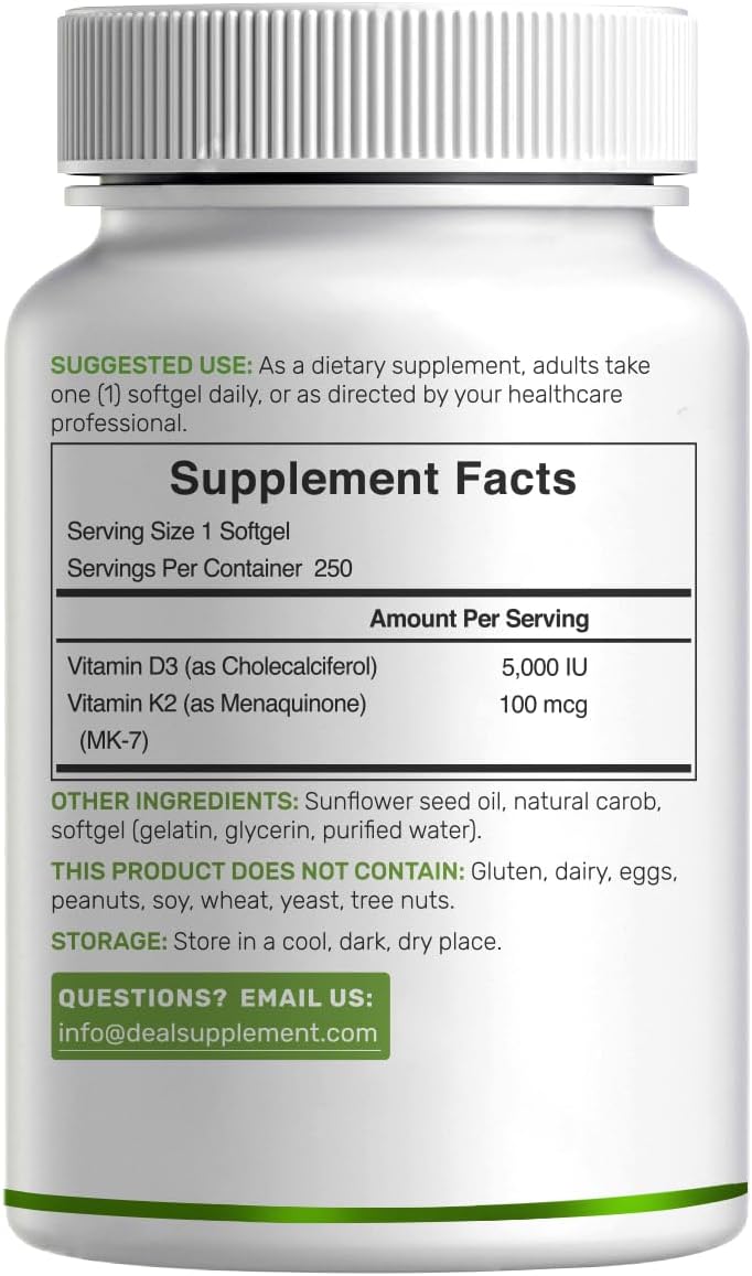 DEAL SUPPLEMENT Vitamin D3 5,000 IU + K2 MK7 Softgels, 250 Count | 2-in-1 Complex | Easy to Swallow