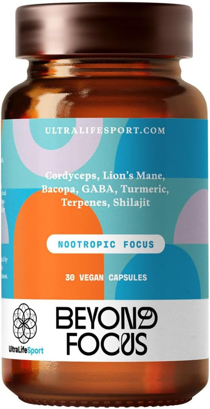 Ultra Life Sport - Beyond Focus Organic Mushroom Supplement - 30 Capsule Brain Supplements for Memory and Focus - 100% Vegan, Non-GMO - Memory Booster with Bacopa, Cordyceps, & Lion’s Mane