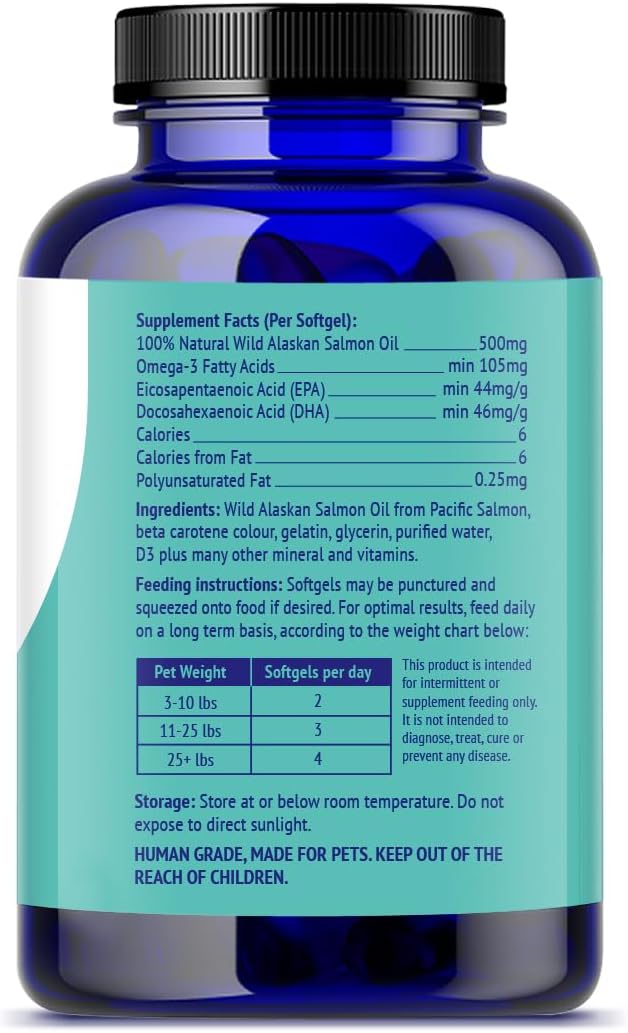 Omega 3 Fish Oil for Small Dogs & Cats - Pet Fish Oil Supplement with DHA & EPA Fatty Acids for Healthy Skin and Coat - Improves Shedding & Relieves Dry, Itchy Skin - 500mg - 120 Capsules