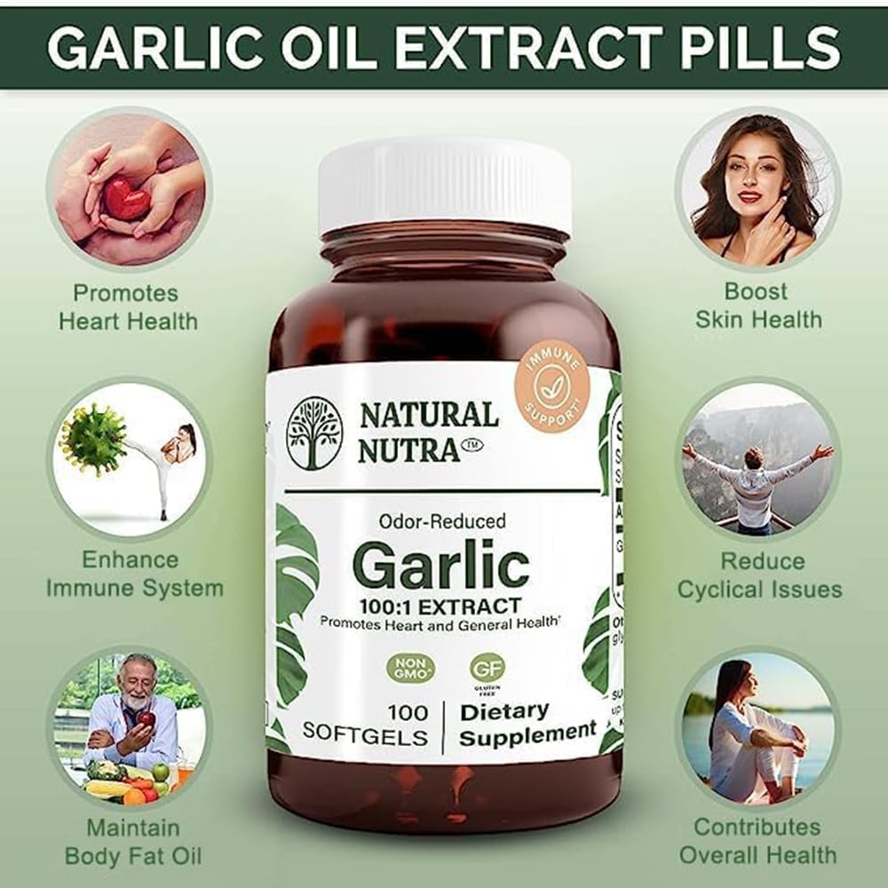Natural Nutra Odorless Garlic Oil Supplement, Organic Pills for Boost Heart Health & Skin Health, Enhance Immune System, Reduce Cyclical Issue, Maintain Body Fat Oil, Allium Sativum 500mg,100 Softgels