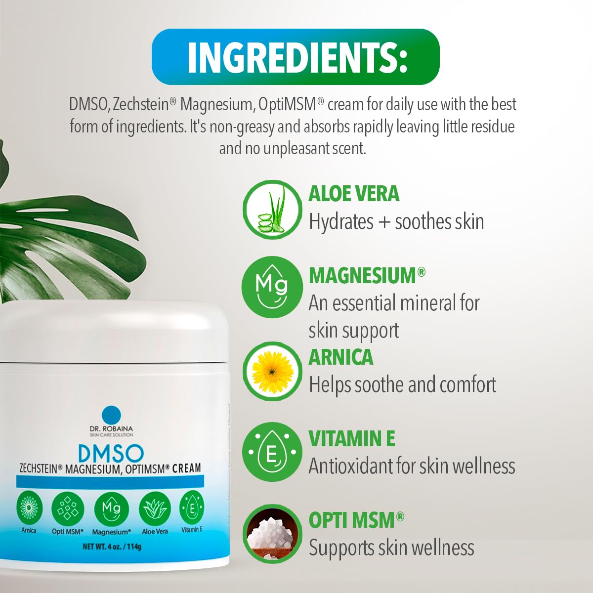 Dr. Robaina DMSO Cream – 99.9% Pure Dimethyl Sulfoxide | Formula with Zechstein Magnesium, Arnica, Aloe Vera & Vitamin E | Topical Cream for Body Wellness Dr. RobainaBuy Supplements Australia