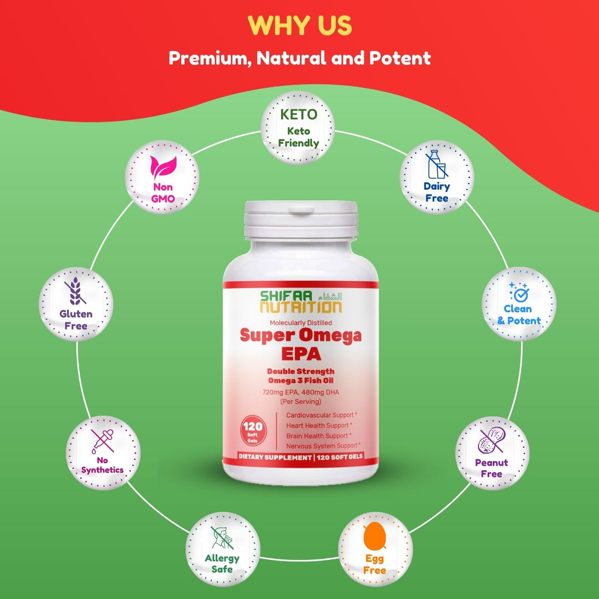Suplement ​SHIFAA NUTRITION Halal Fish Oil Softgels 120 Ct, Double Strength - Halal Omega 3 Fish Oil Supplements. Wild Caught, Non-GMO & Purified - VelvetGlow USA