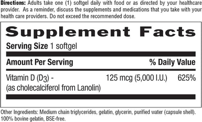 Country Life Vitamin D3 125 mcg 5000 IU, Gluten-Free, 200 Softgels