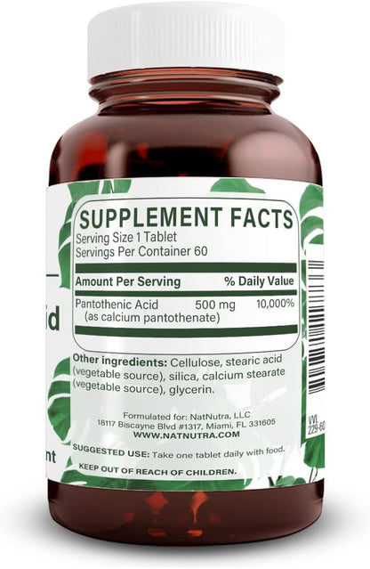 Natural Nutra Time Release Pantothenic Acid 500 mg, Vitamin B5 Supplement Helps Break Down Fat and Carbohydrates, Metabolism and Energy, Improve Muscle Health, Reduce Skin Spots, 60 Vegetarian Tablets