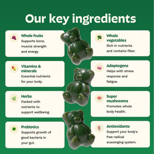 Gruns Adults Super Greens Gummies, Multivitamin Superfood Gummy Bears, Spirulina, Chlorella, Prebiotics & Fiber Gummies for Digestive Health, Adaptogens Supplement, 20 Vitamins & Minerals, 10 Count Grüns buy supplements Au