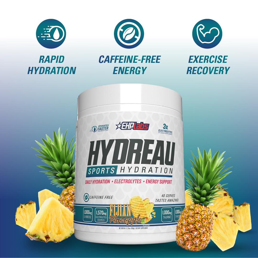 EHP Labs Hydreau Electrolytes Powder No Sugar - Hydration Powder for Endurance & Energy - Electrolyte Powder for Men & Women - Sugar Free Electrolytes - Kiwi Strawberry (40 Serves)