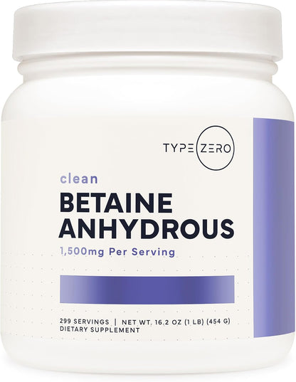 Type Zero Betaine Anhydrous Powder (1 LB) Unflavored, 1,500mg Per Serving | Clean Betaine Anhydrous Supplement, TMG, Trimethylglycine, Keto, GMO-Free
