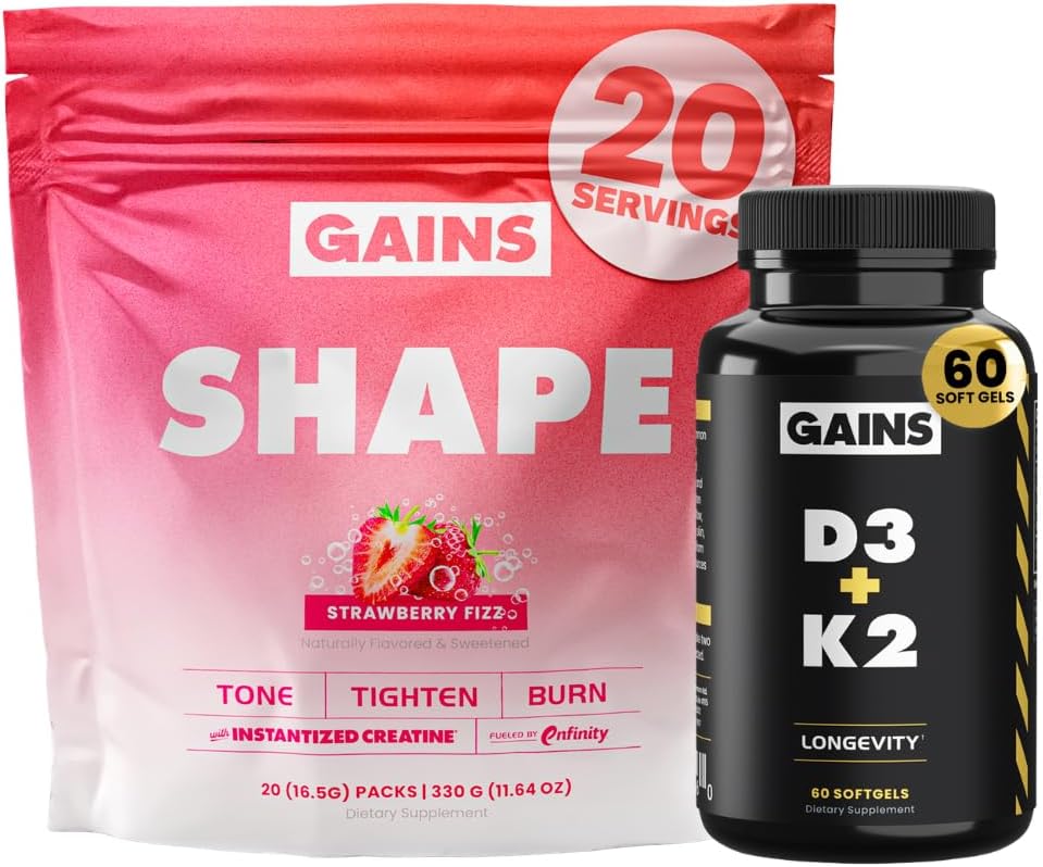 Gains in Bulk HER Stack, Instantized Creatine for Women & D3 K2 Supplement, Strawberry Fizz Flavor, Wellness Support for Men & Women, 20 Packets and 60 Softgels