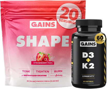 Gains in Bulk HER Stack, Instantized Creatine for Women & D3 K2 Supplement, Strawberry Fizz Flavor, Wellness Support for Men & Women, 20 Packets and 60 Softgels