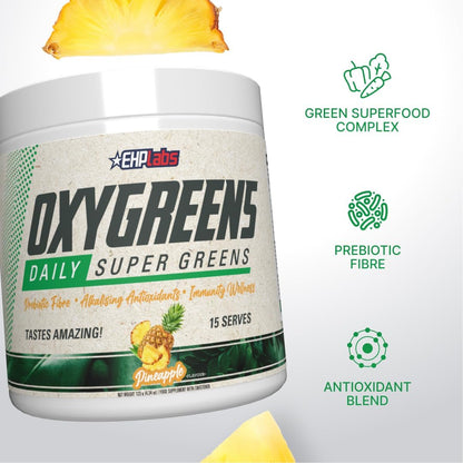 EHP Labs OxyGreens Super Greens Powder with Spirulina & Chlorella, Prebiotic Fiber, Probiotics & Digestive Enzymes – Antioxidant Green Superfood Supplement - 15 Serves (Pineapple)