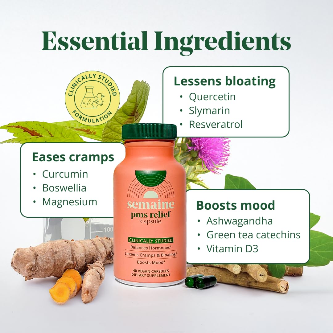Semaine PMS Relief for Women, Period Cramp Relief, Period Cramps, Menstrual Cramps, PMS Support Supplement for Women, Bloating and Mood, Boswellia and Curcumin, 40 Capsules