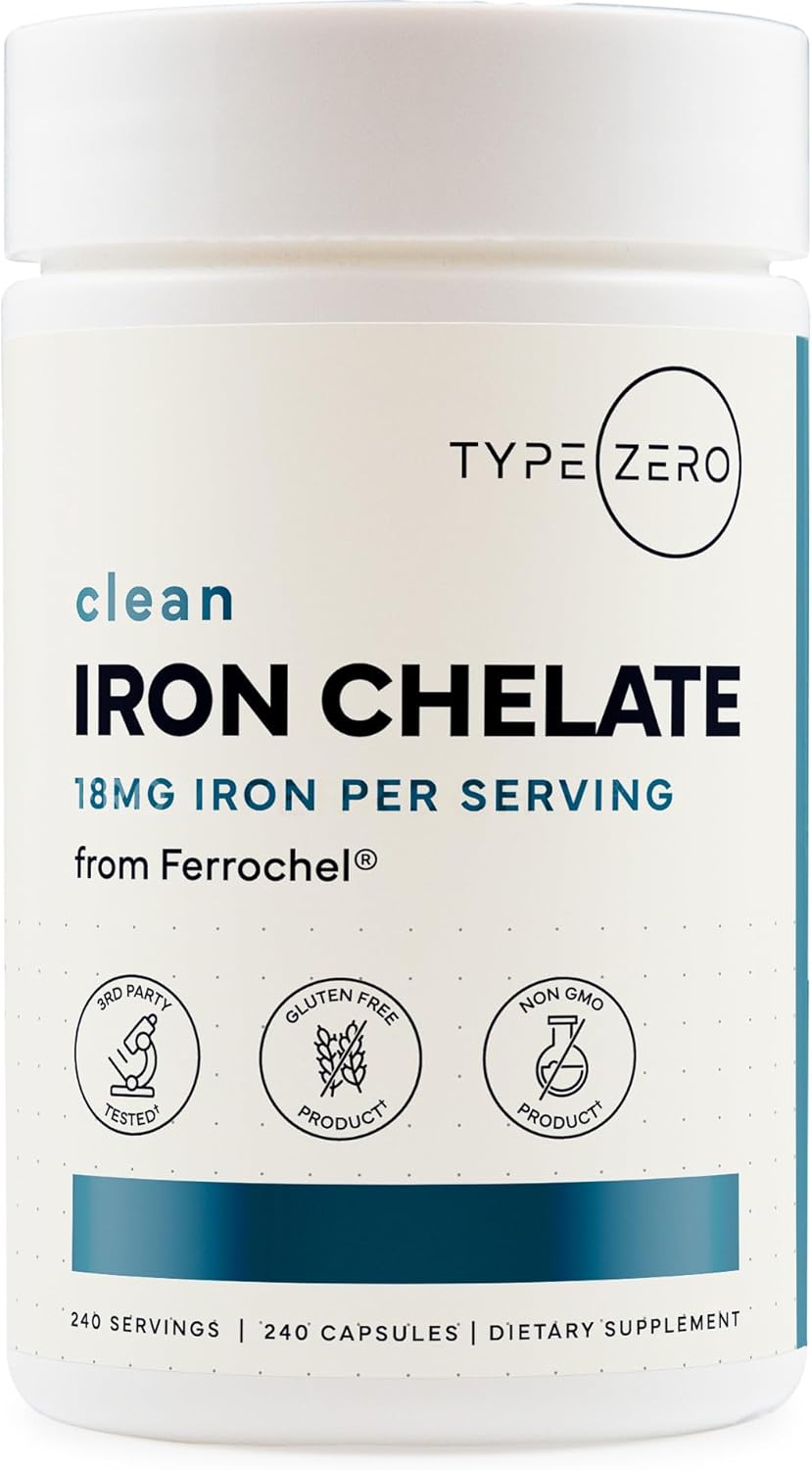 Type Zero Iron Chelate (18mg) 240 Capsules, Gluten-Free, GMO-Free | From Ferrochel Ferrous Bisglycinate Chelate