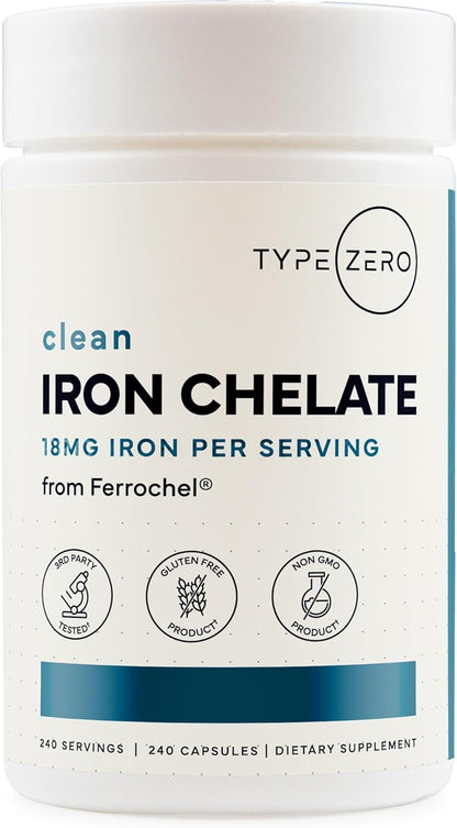 Type Zero Iron Chelate (18mg) 240 Capsules, Gluten-Free, GMO-Free | From Ferrochel Ferrous Bisglycinate Chelate