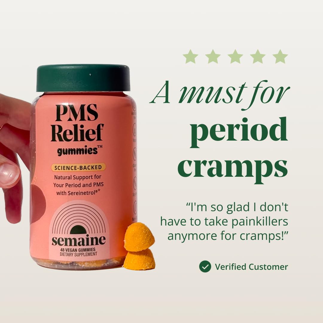 Semaine PMS Relief for Women, Period Cramp Relief, Period Cramps, Menstrual Cramps, PMS Support Supplement for Women, Bloating and Mood, Boswellia and Curcumin, 40 Capsules