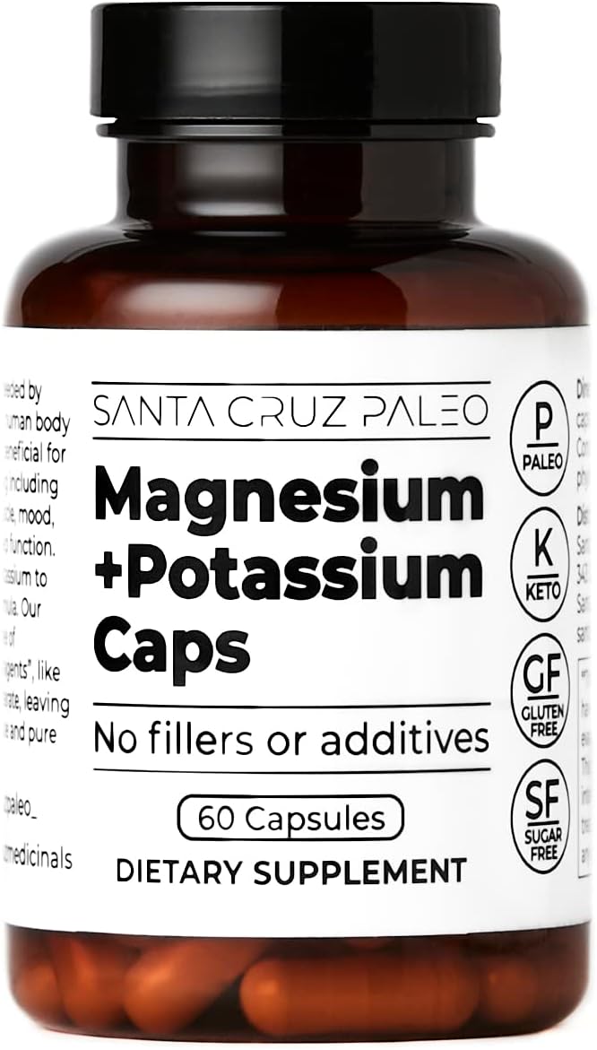 Santa Cruz Paleo Magnesium + Potassium Caps, Supplement for Men and Women, Paleo, Keto, Sugar & Gluten Free, Magnesium Glycinate 166mg and Potassium Citrate 38mg per Serving, American Made, 60 Caps