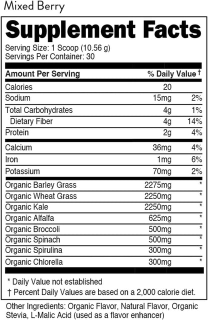 Greens Superfood Powder Mixed Berry | 8 Most Essential Mixed Greens | Certified 100% Organic | Chlorella, Spinach, Kale, Spirulina, Alfalfa, Broccoli, Wheat Grass, & Barley Grass | 30 SERV | 11.17 OZ