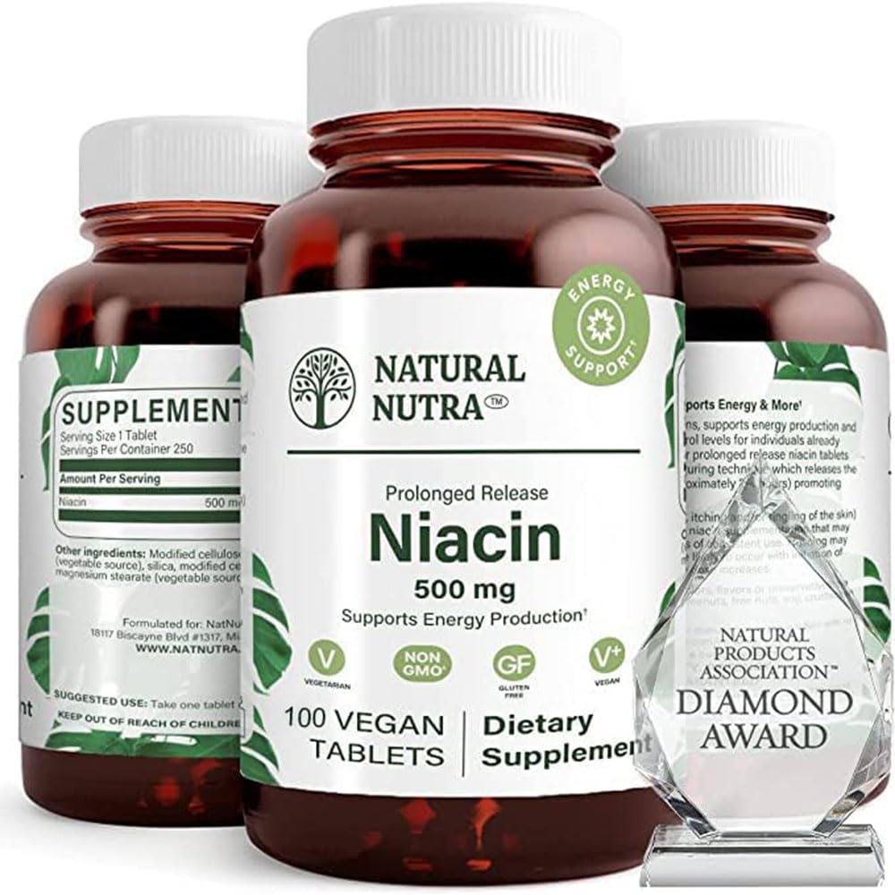 Natural Nutra Time-Release Slow Niacin 500mg (Vitamin B3), Support Healthy Cholesterol, Promotes Cardiovascular Health, Promotes Skin Cells and Improve Cognitive Function, 250 Vegan Tablets